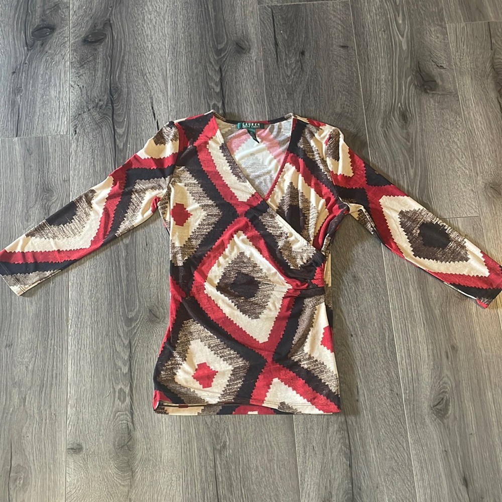 Ralph Lauren Burgandy, brown & tan crossbody sophisticated trendy chic blouse